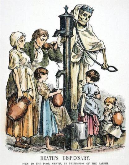 这幅漫画描绘的是1854年英国伦敦宽街的水井被污染导致的霍乱暴发
